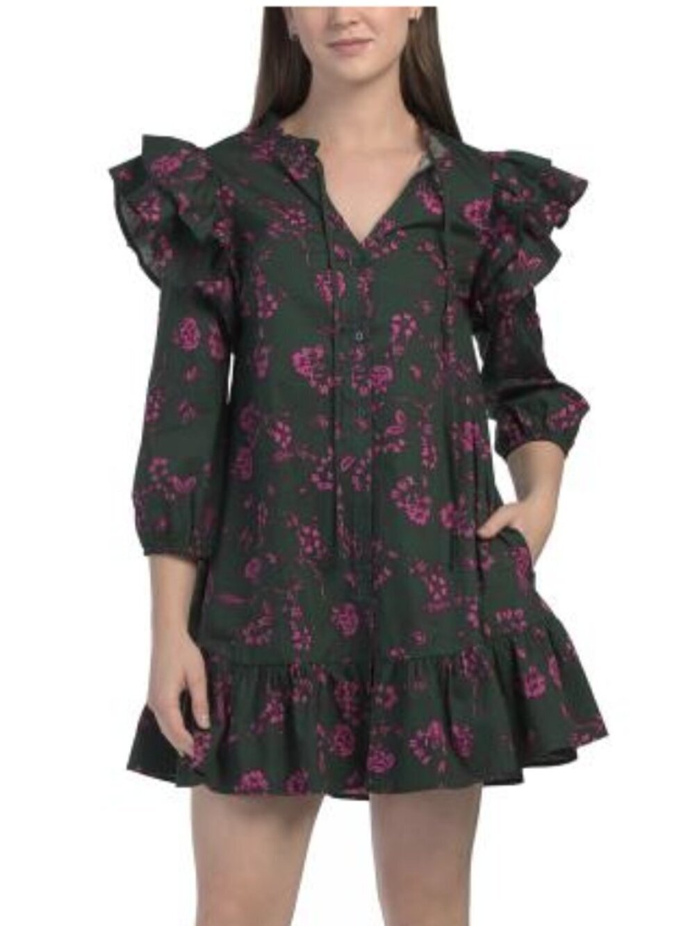 Sugarlips Dark Green Mini Dress with Pink Floral small